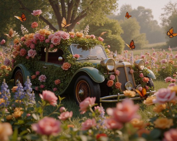 Vintage Car Surrounded by Roses in Flower Field