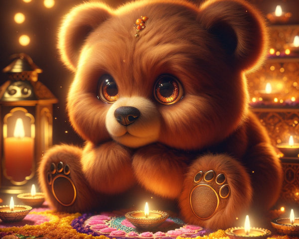 Fluffy Cartoon Bear Surrounded by Candlelight and Decor