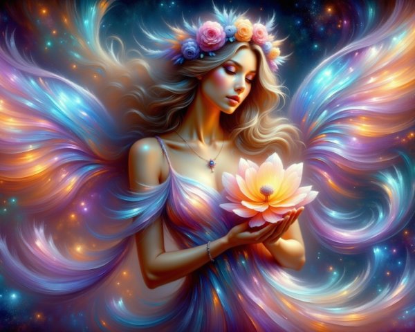 Ethereal figure with colorful hair and glowing lotus