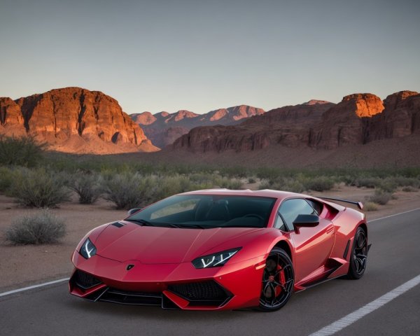 Red Lamborghini Aventador on Desert Road at Twilight