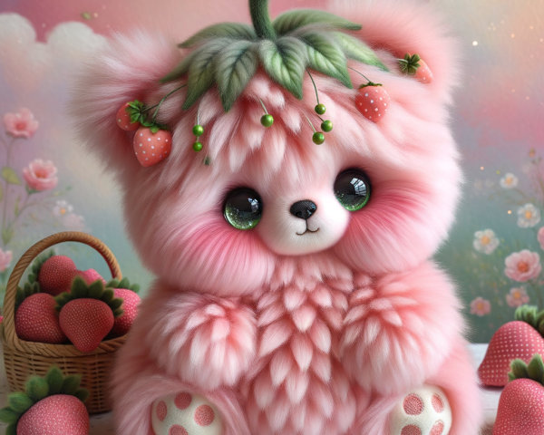 Fluffy pink bear plushie with strawberries and flowers