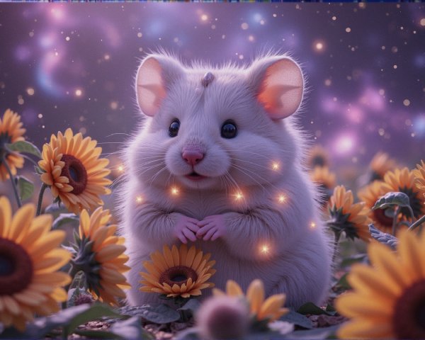 Fluffy Hamster Among Sunflowers with Glowing Lights