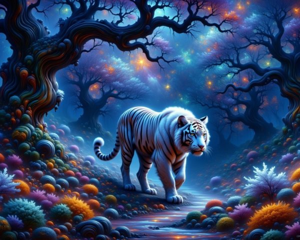 Luminous White Tiger in Enchanting Colorful Forest