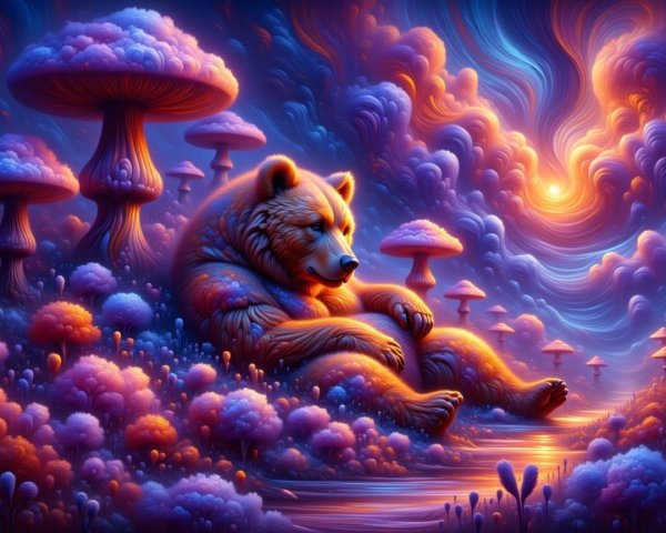 Surreal Landscape with Bear and Colorful Mushrooms