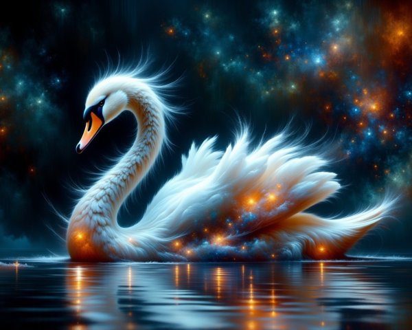 Majestic Swan on Serene Cosmic Water Surface