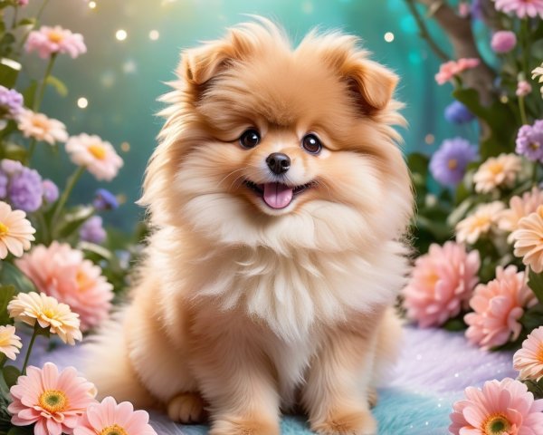 Fluffy Pomeranian in a Colorful Flower Garden