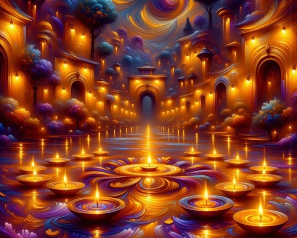 Mystical Cityscape with Floating Candles and Lush Foliage