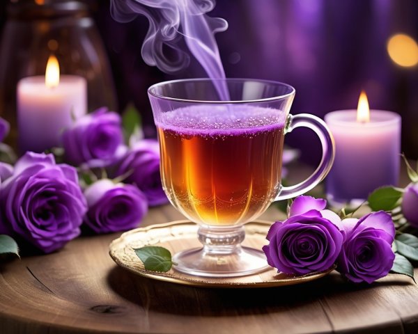 Glass Cup of Herbal Tea Surrounded by Roses and Candles