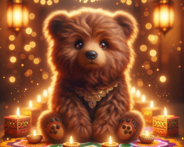 Fluffy bear in festive Diwali celebration setting