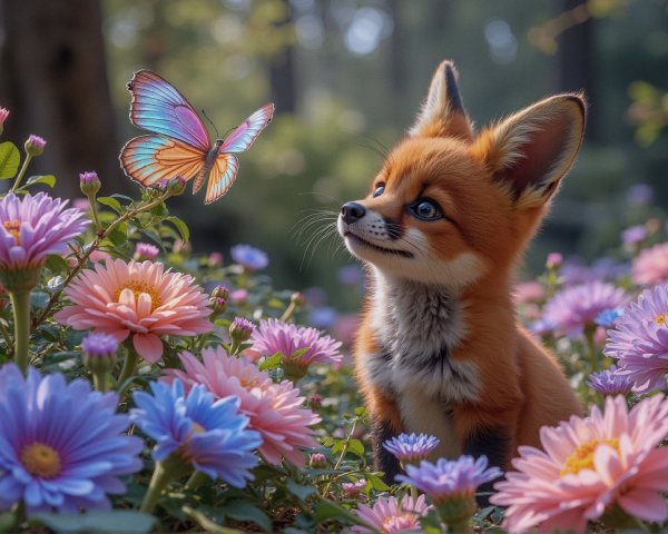 Charming Fox in Colorful Garden with Butterfly