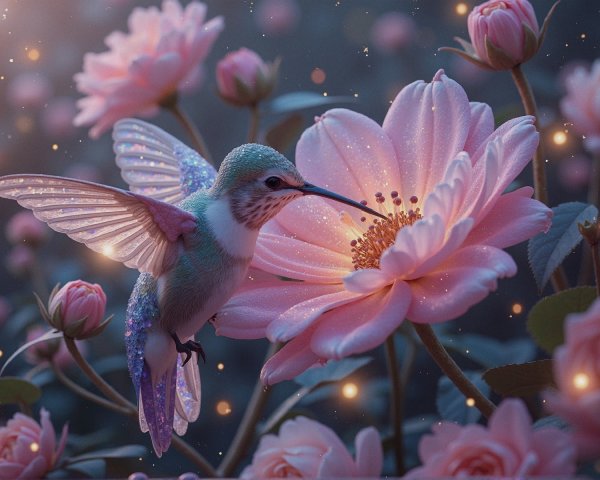 Hummingbird and Pink Flower in Enchanting Setting