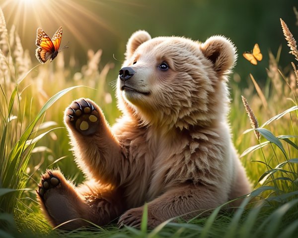 Fluffy cub explores grass and butterflies in sunlight