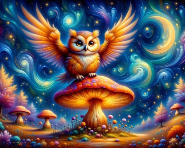 Majestic Owl on Oversized Mushroom in Dreamlike Scene