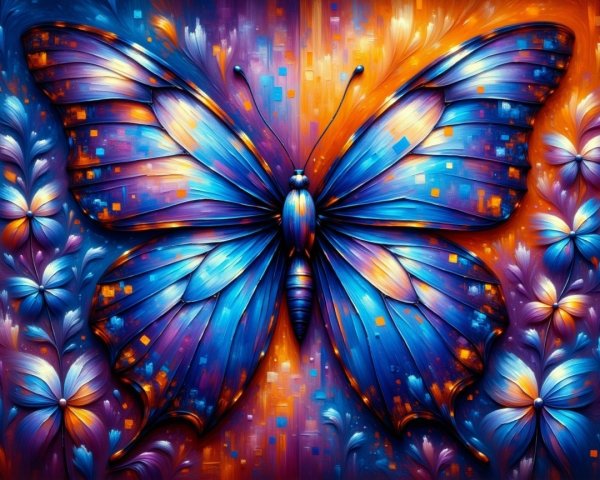 Vibrant Butterfly with Blue and Orange Floral Elements