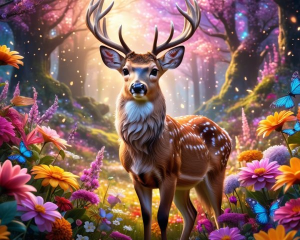 Serene forest scene with deer and vibrant flowers