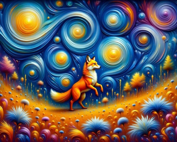 Vibrant Landscape with Fox and Abstract Flowers