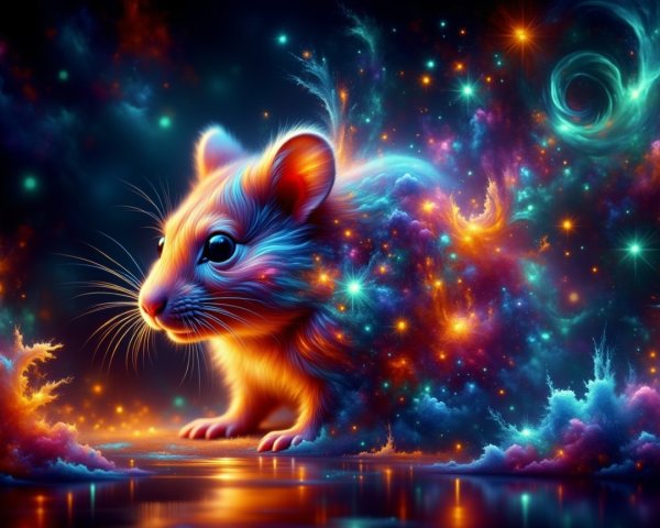 Cosmic Illustration of a Colorful Mouse in Space