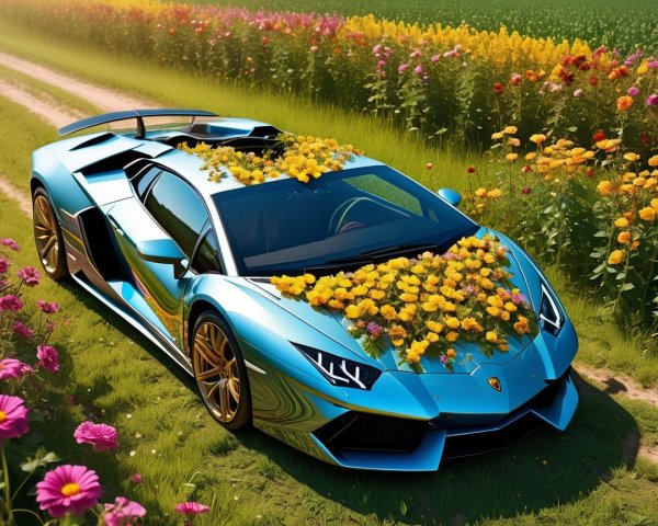 Blue Sports Car Surrounded by Flowers and Greenery