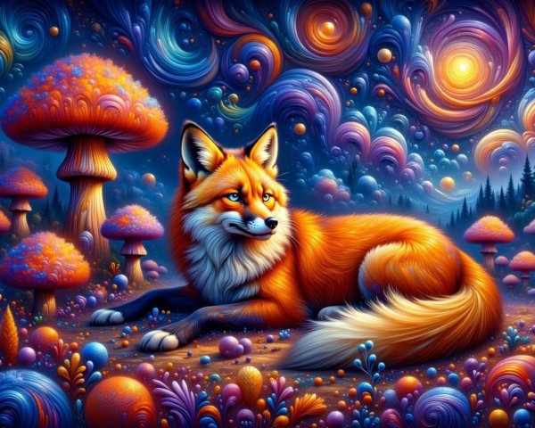 Colorful Fox Among Whimsical Mushrooms and Cosmos