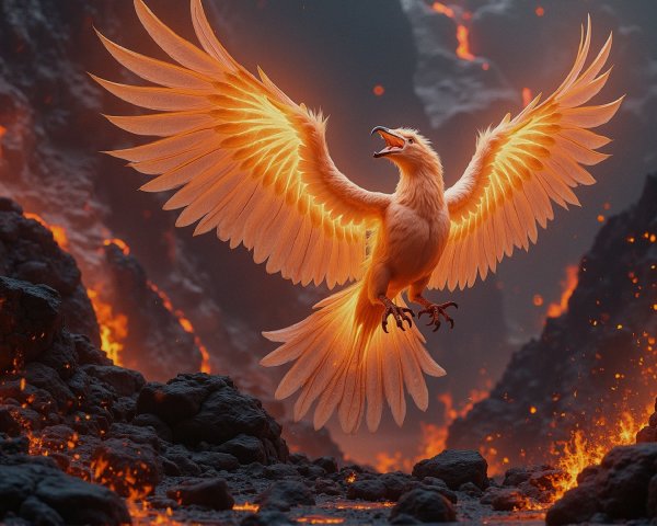 Phoenix in Fiery Landscape with Molten Lava Backdrop