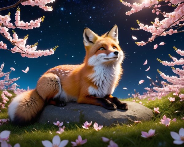 Fox on Rock Surrounded by Cherry Blossoms at Night