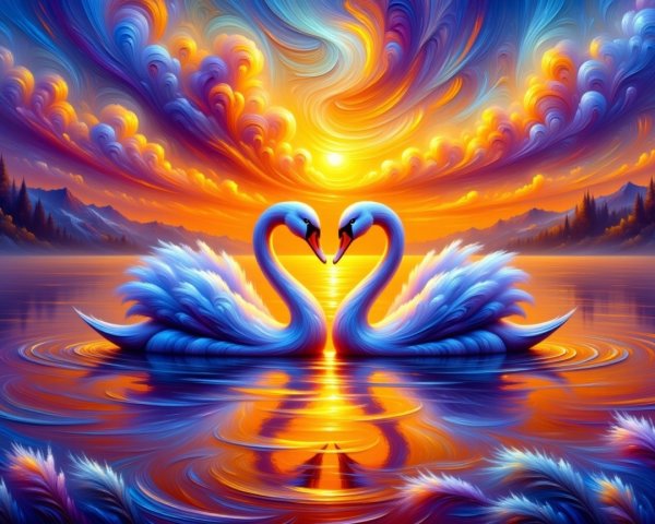 Swans Form Heart Shape at Sunset on Serene Lake
