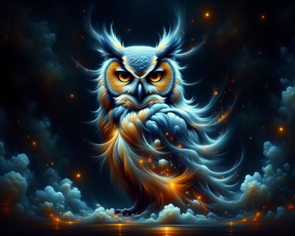 Majestic owl with vibrant plumage in starry night