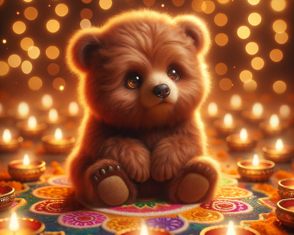 Fluffy Bear Surrounded by Candles and Marigold Petals