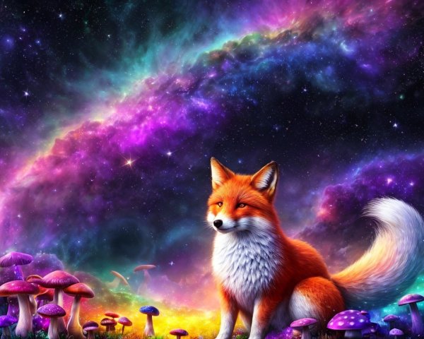 Majestic fox in a vibrant cosmic scene with mushrooms