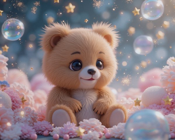Fluffy bear cub in pink flowers and shimmering bubbles