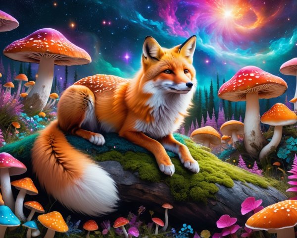 Majestic Orange Fox in a Cosmic Fantasy Landscape