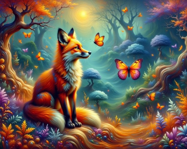 Vibrant Forest Scene with Colorful Trees and Fox