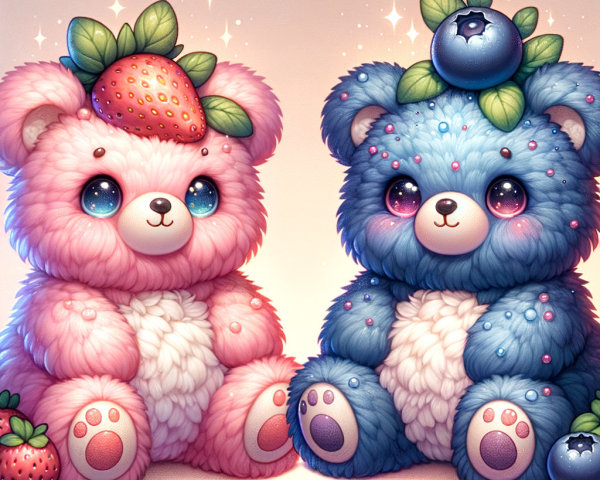 Fluffy Teddy Bears with Fruit Crowns and Playful Expressions
