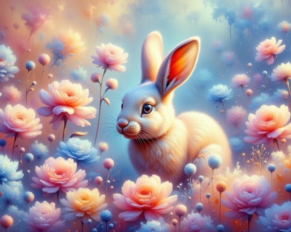 Fluffy White Rabbit in Dreamy Floral Landscape