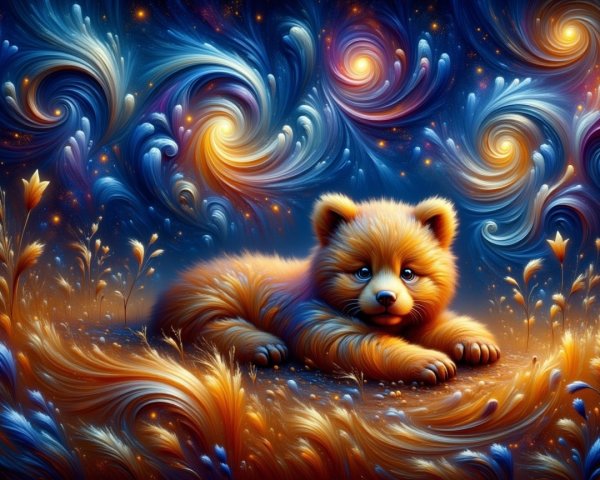 Fluffy Orange Creature in Cosmic Dream Landscape