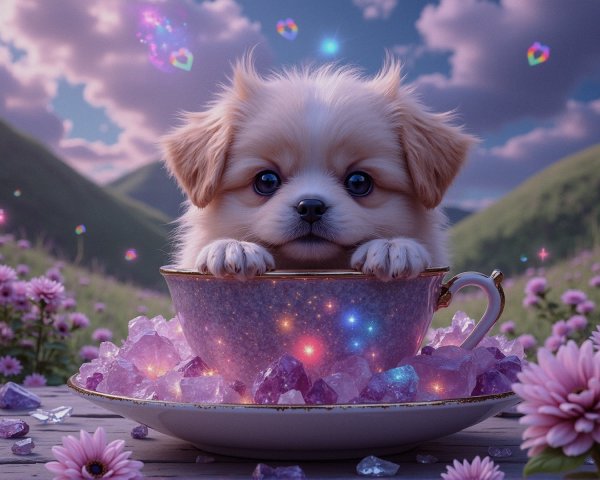 Fluffy Puppy in Cup Surrounded by Flowers and Crystals