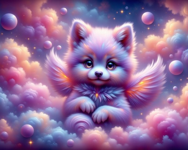Pastel-colored fluffy creature among dreamy clouds