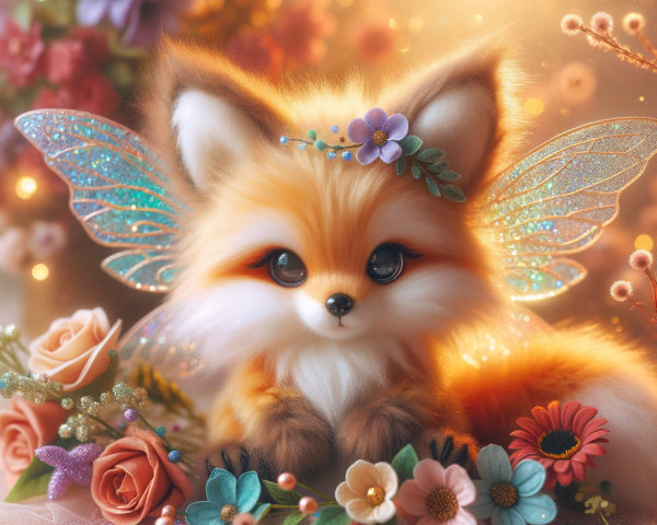 Fluffy Fox with Wings Surrounded by Colorful Flowers