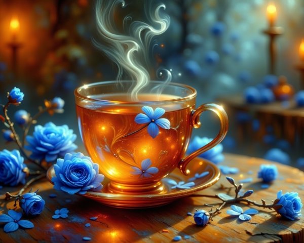 Delicate tea cup with floral patterns on wooden table