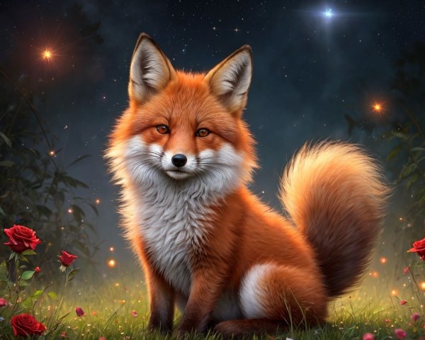 Realistic fox against starry night and roses