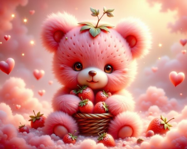Fluffy Pink Bear with Strawberries in Cloudy Setting
