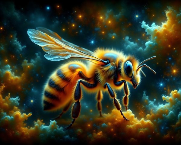 Surreal Bee Against Cosmic Background with Colorful Clouds