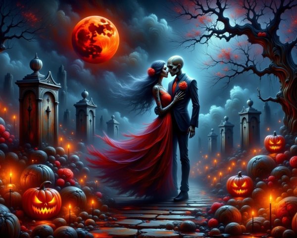 Skeleton and Ghost in Moonlit Graveyard Scene