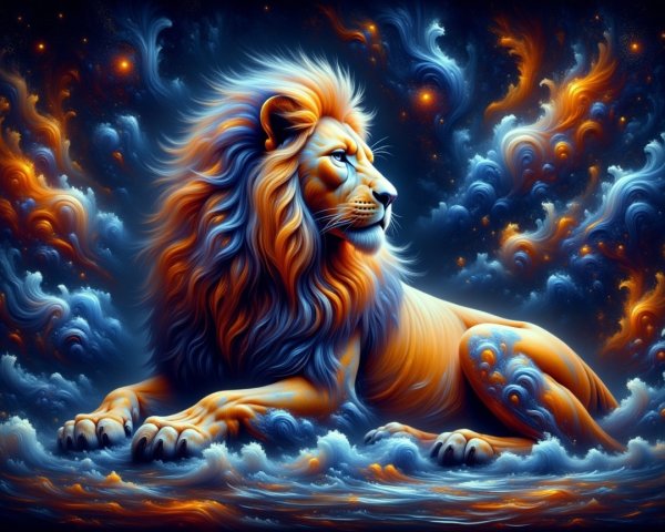 Majestic lion against a vibrant cosmic backdrop
