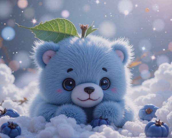 Fluffy Blue Bear Among Clouds and Blueberries