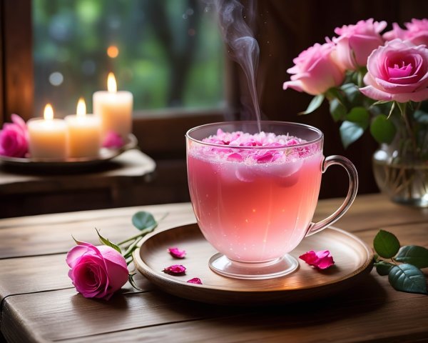 Pink Tea with Rose Petals on a Wooden Table