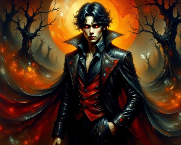 Gothic Figure in Haunting Landscape with Fiery Moon