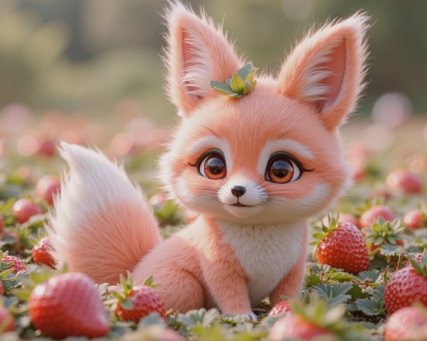 Fluffy fox character in a strawberry field scene