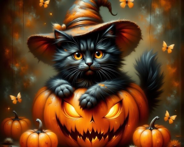 Cute black cat in witch hat atop carved pumpkin