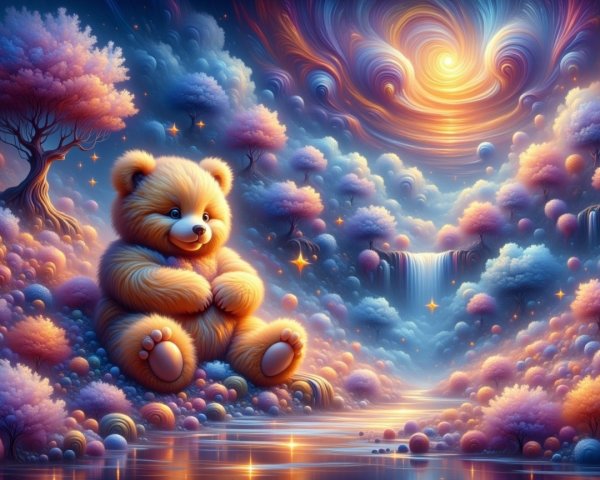 Whimsical Landscape with Teddy Bear by Flowing River